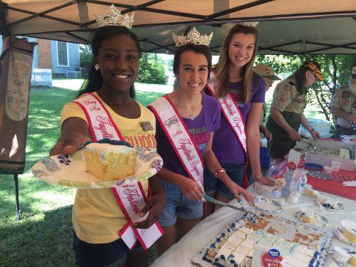 Dogwood Festival beauty queens helped serve birthday cake and ice cream at the Festival of Yesteryear, part of the annual Lafayette Birthday Celebration. Pictured left to right is Young Miss Fayetteville Dogwood Festival Kyndal Quinn, Miss Fayetteville Dogwood Festival Emma Carter, and Teen Miss Emma Wright.