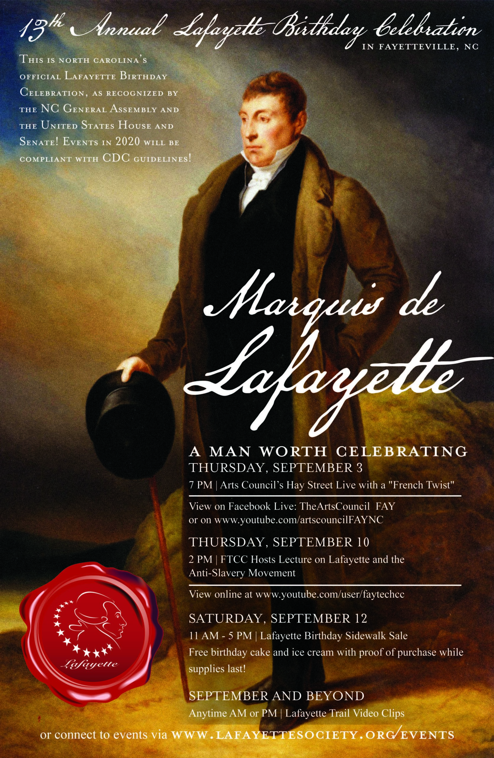 Poster for the 2020 Lafayette Birthday celebration in Fayetteville with a portrait of Lafayette by Scheffer