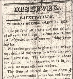 Image of the first two paragraphs of the Carolina Observer article about Lafayette's visit